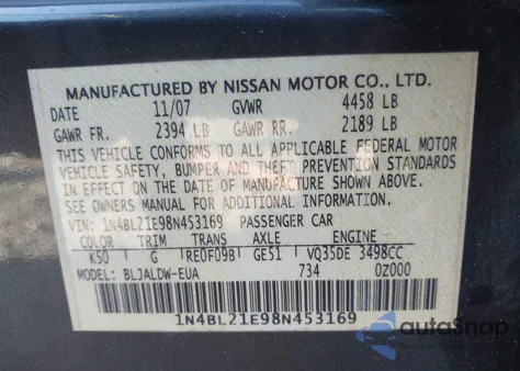 2008 Nissan Altima 3.5 Se from USA, damaged, VIN 1N4BL21E98N453169